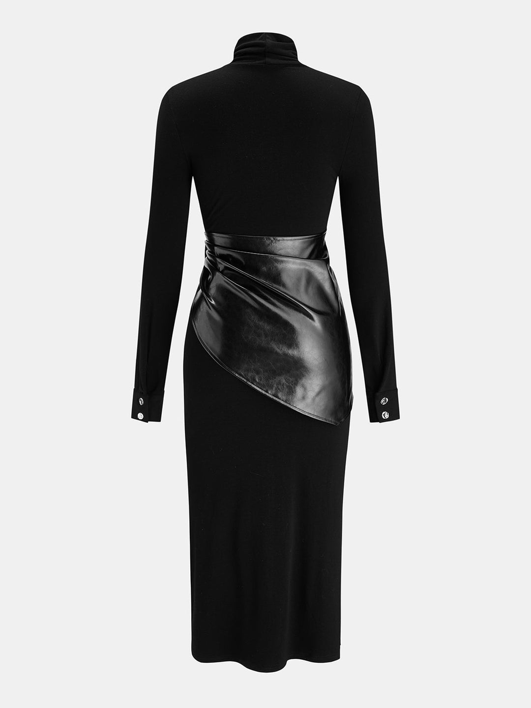 Faux Leather Sash Turtleneck Maxi Dress