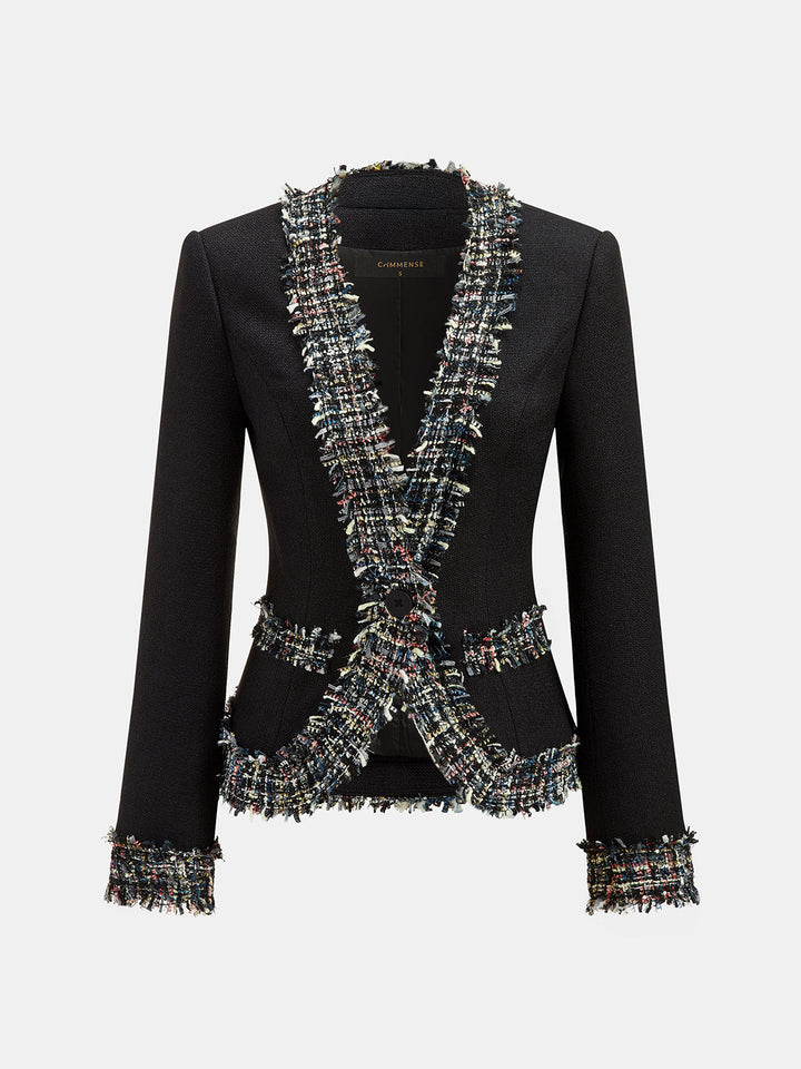 Multicolor Fringe Trim Tweed Blazer
