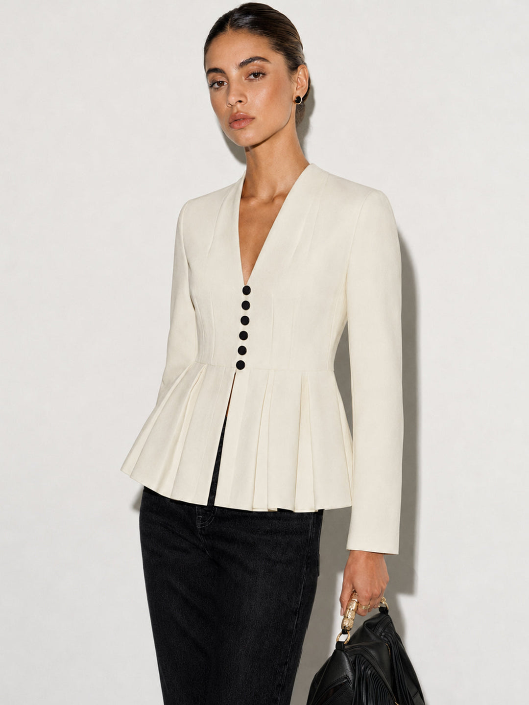 V‑Neck Pleated Peplum Button Blazer