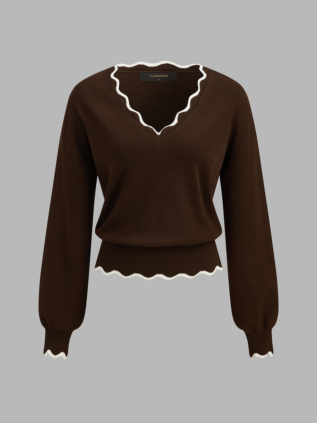 Contrast Scallop Trim Wool Blend Knit Sweater