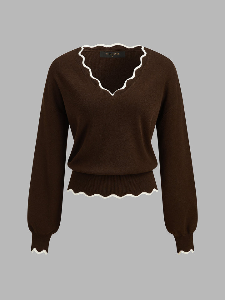 Contrast Scallop Trim Wool Blend Knit Sweater