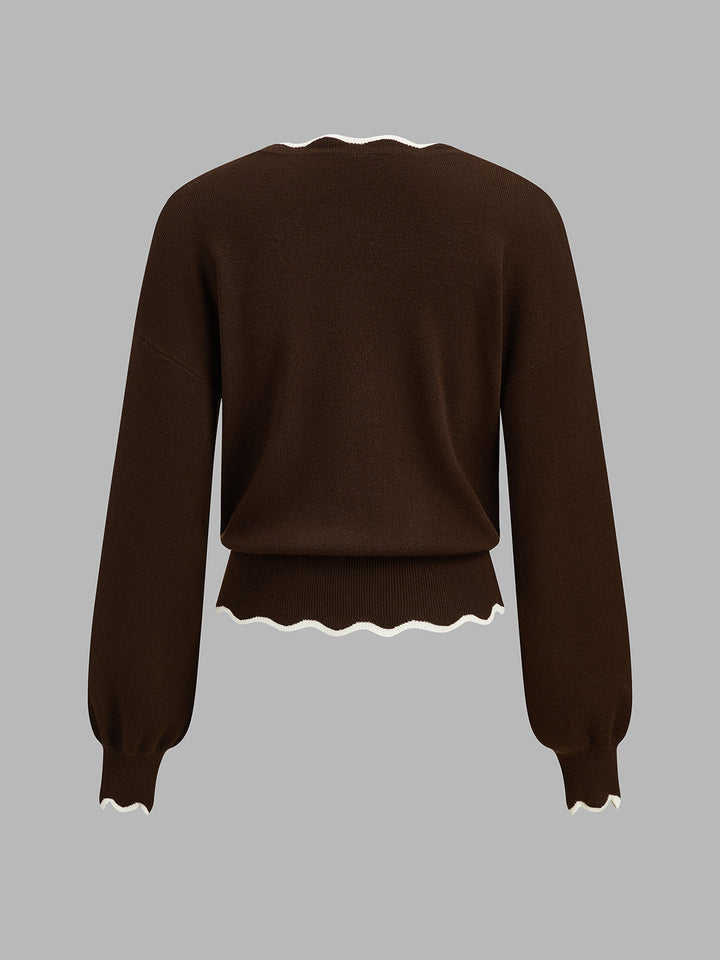 Contrast Scallop Trim Wool Blend Knit Sweater