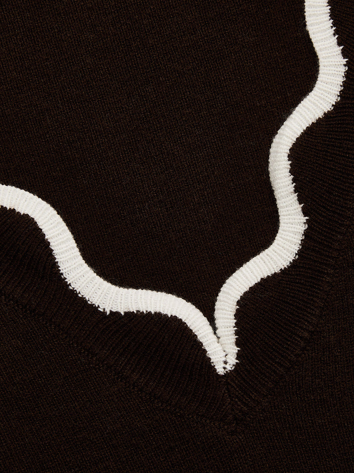 Contrast Scallop Trim Wool Blend Knit Sweater