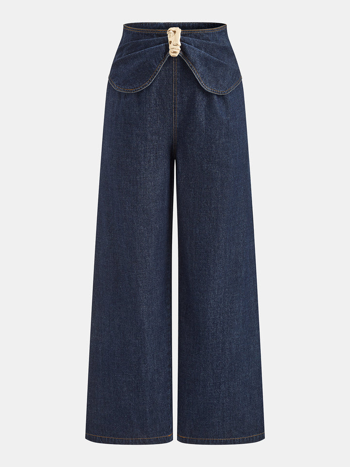Decorative Buckle Twist Waist Straight Leg Jeans