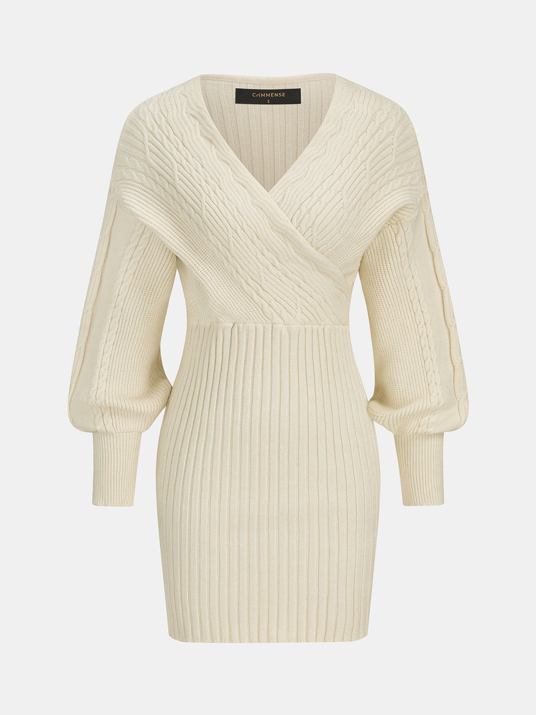 Cross‑Over Cable Knit Puff Sleeve Midi Dress
