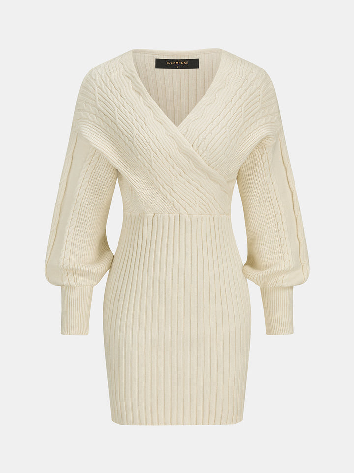 Cross‑Over Cable Knit Puff Sleeve Midi Dress