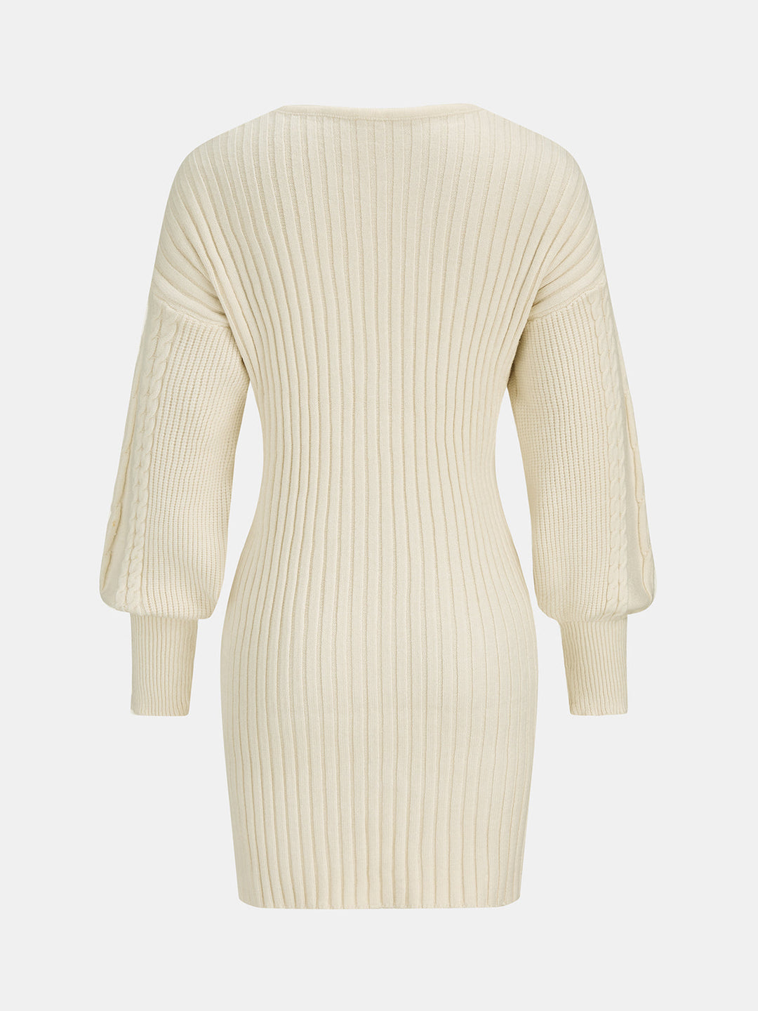 Cross‑Over Cable Knit Puff Sleeve Midi Dress