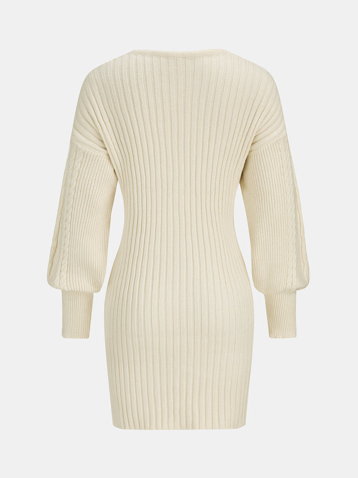 Cross‑Over Cable Knit Puff Sleeve Midi Dress