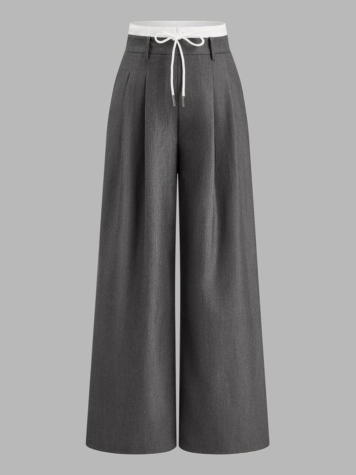 Contrast Waist Drawstring Wide Leg Pants