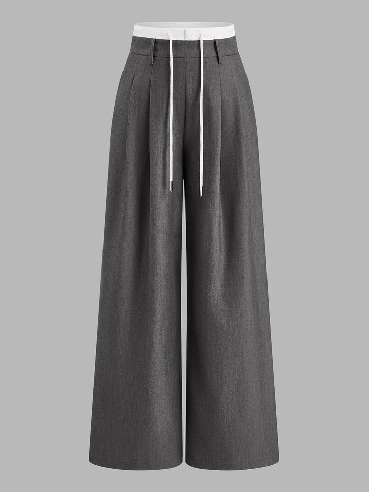 Contrast Waist Drawstring Wide Leg Pants