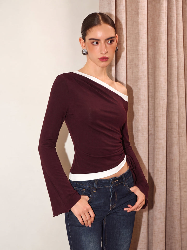 Color Block Off‑Shoulder Drawstring Top