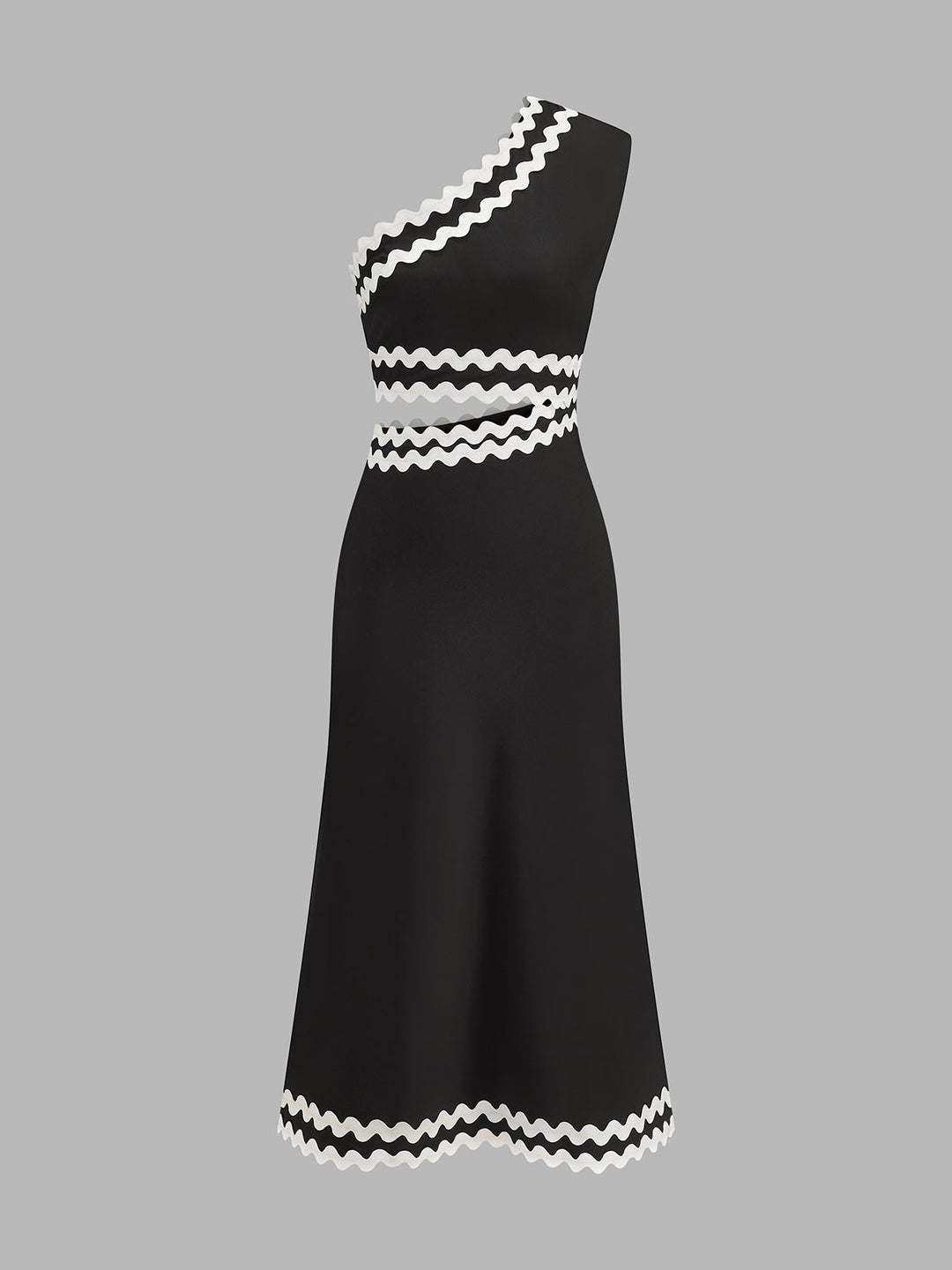 Wave Trim One Shoulder Cutout Midi Dress