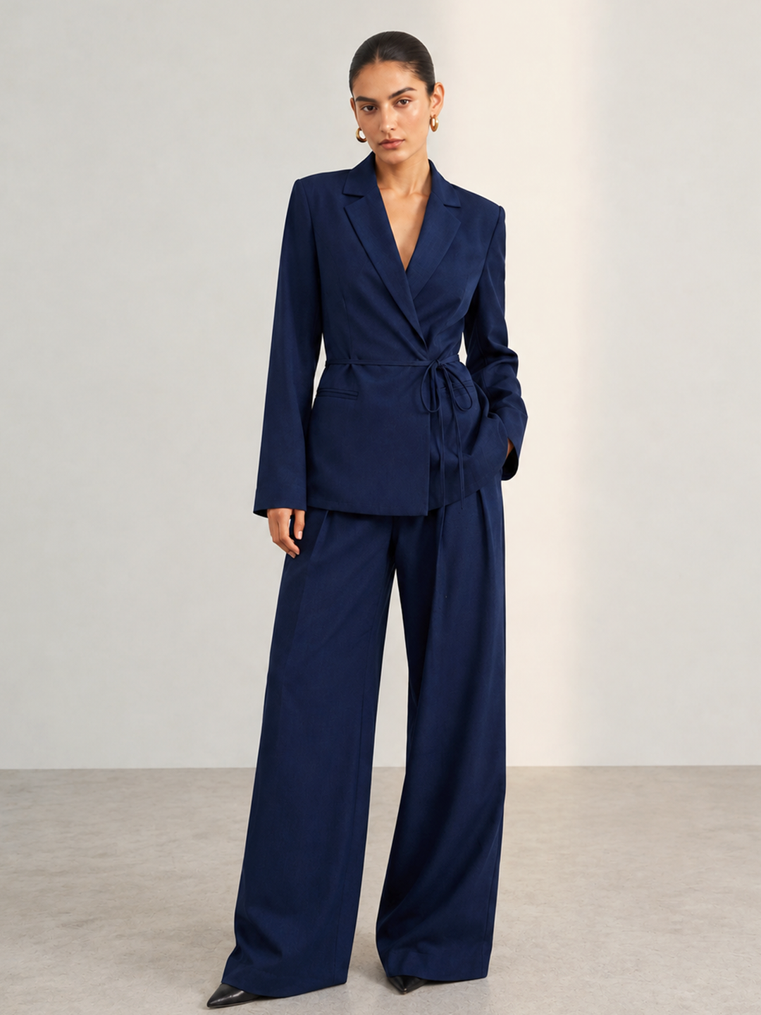 Tie‑Waist Wrap Blazer & Elastic Waist Pants Set