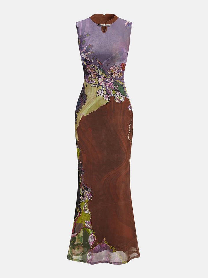 Sleeveless Floral Cheongsam Maxi Dress