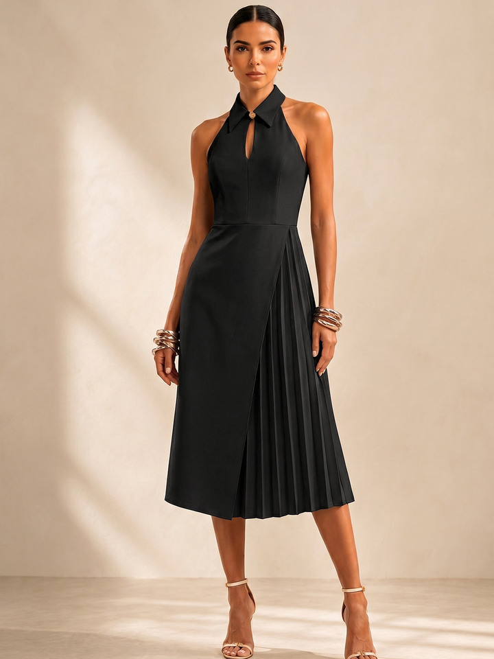 Keyhole Collared Pleated Midi Dress
