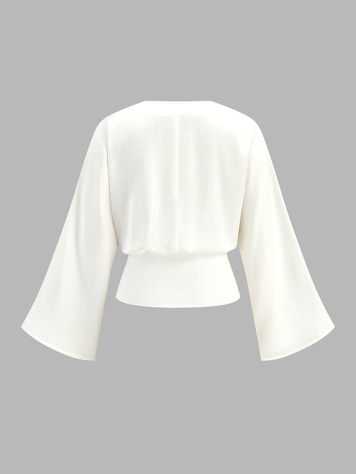 Metal Detail Flare Sleeve Waist‑Cinch Satin Blouse
