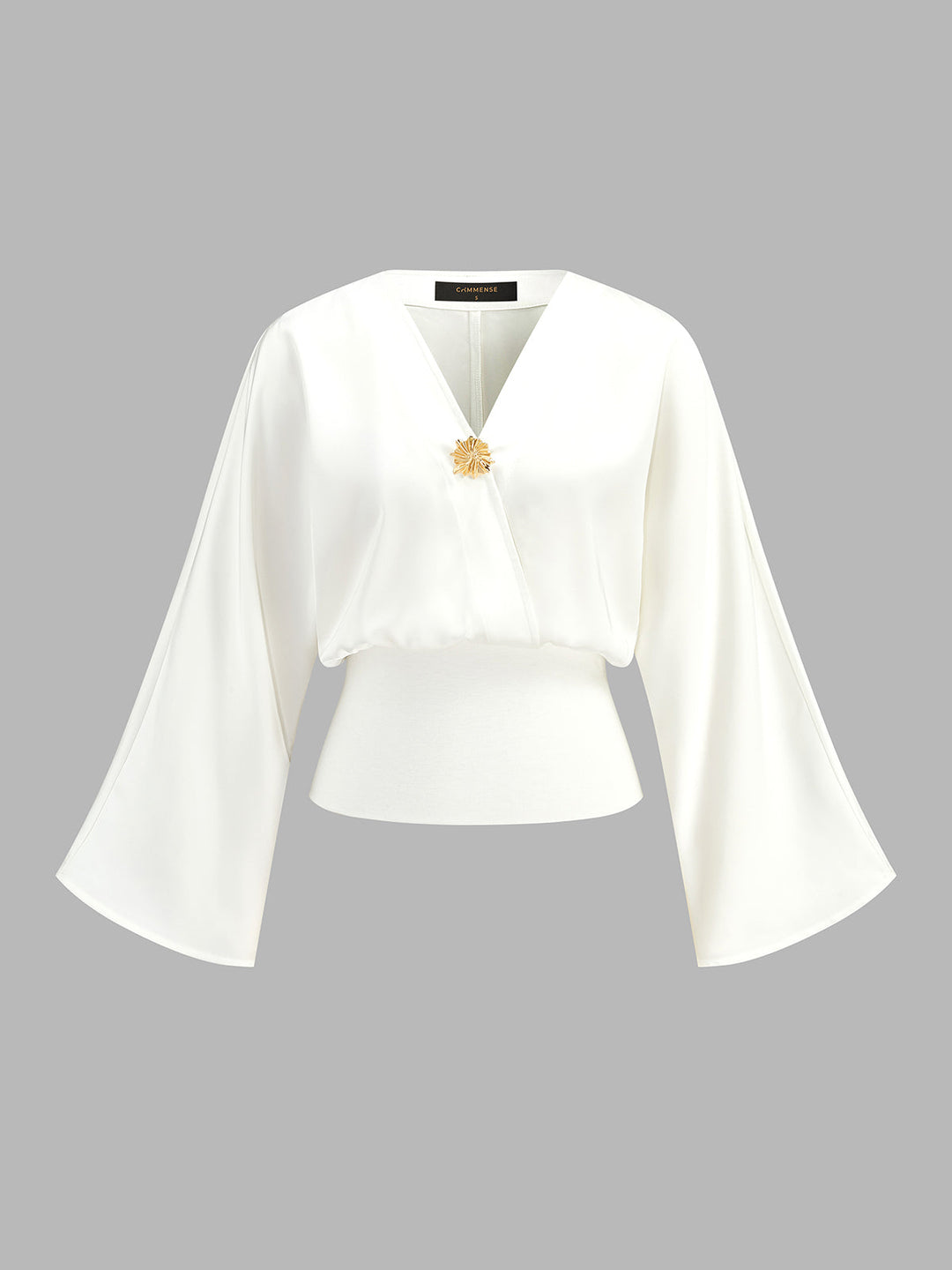 Metal Detail Flare Sleeve Waist‑Cinch Satin Blouse