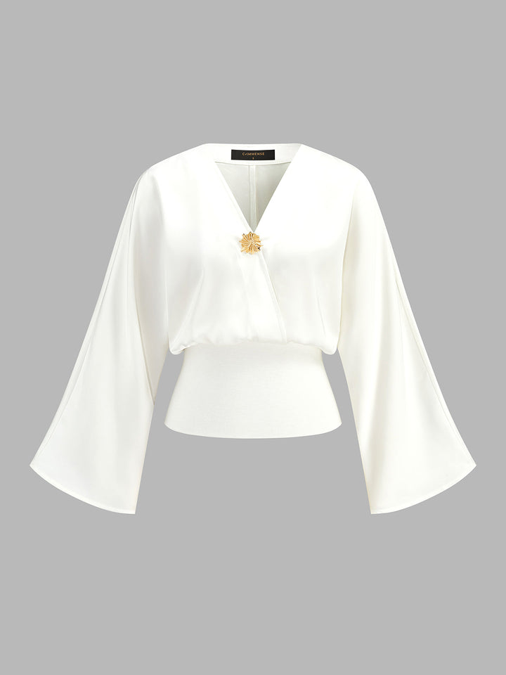 Metal Detail Flare Sleeve Waist‑Cinch Satin Blouse