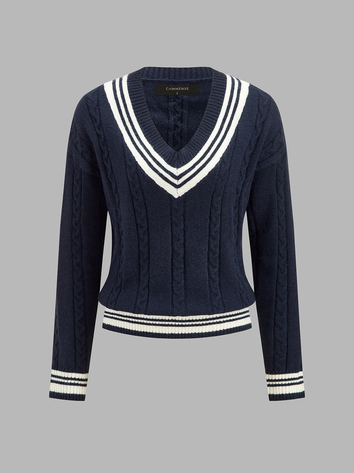 Striped Trim Cable Knit V‑Neck Sweater