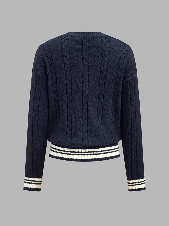 Striped Trim Cable Knit V‑Neck Sweater