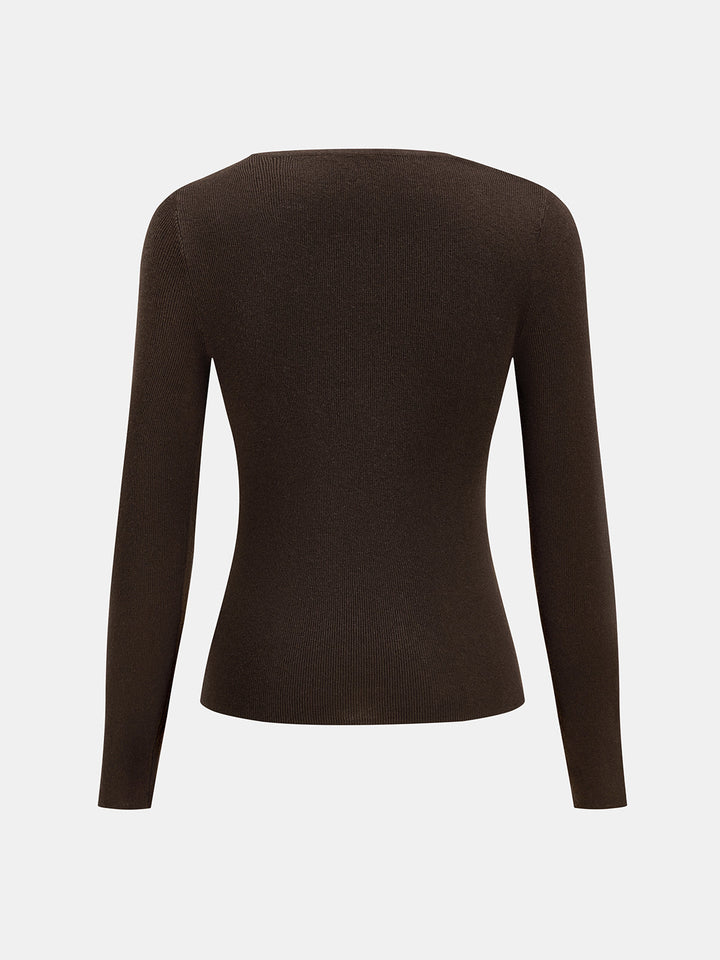 Asymmetric Neck Long‑Sleeve Knit Top