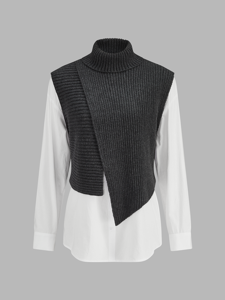 Asymmetric Turtleneck Knit Vest & Cotton Shirt Set