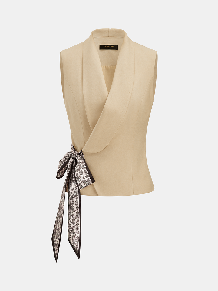 Ribbon Tie Shawl Collar Sleeveless Vest