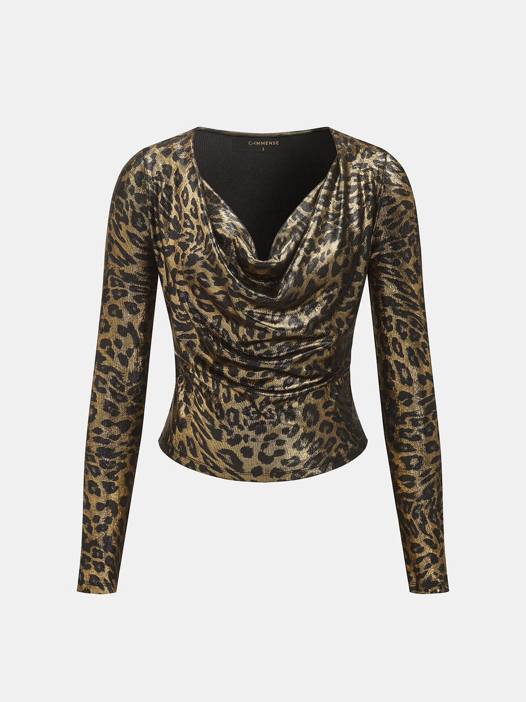 Shiny Leopard Cowl Neck Long Sleeve Top