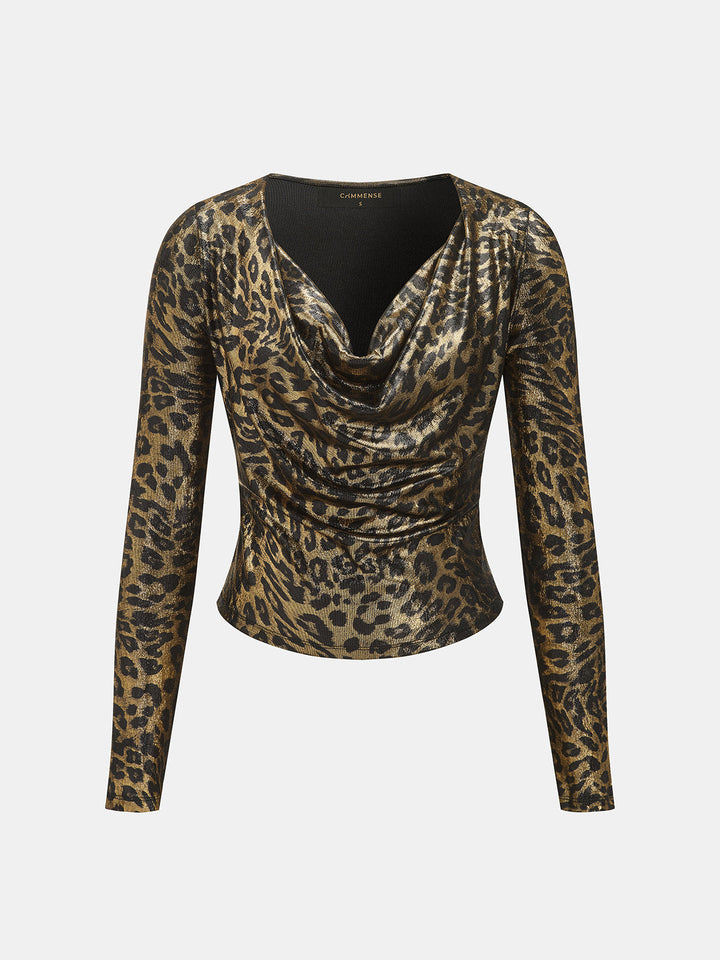 Shiny Leopard Cowl Neck Long Sleeve Top