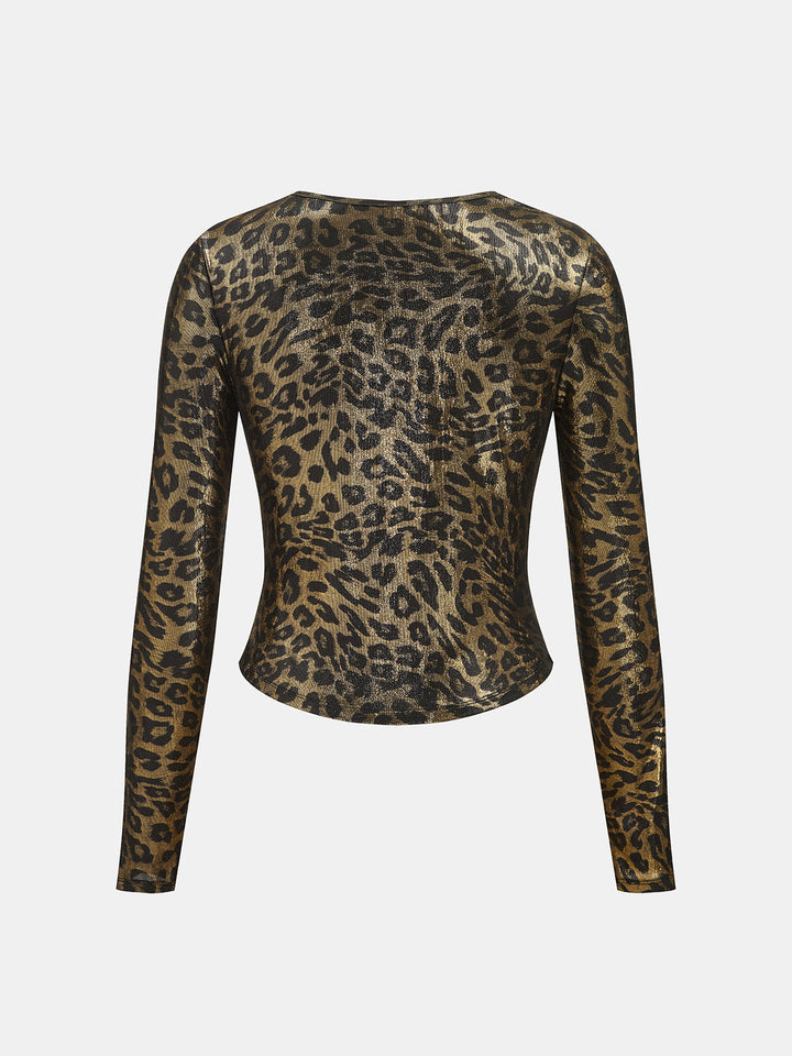 Shiny Leopard Cowl Neck Long Sleeve Top