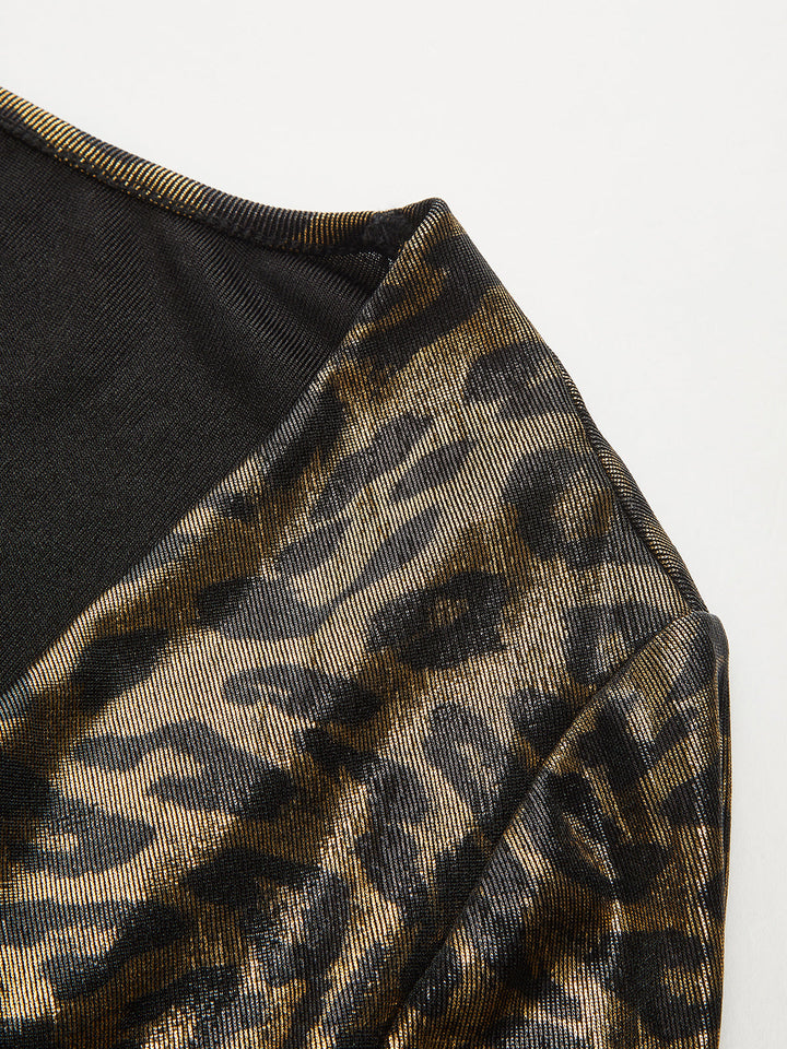 Shiny Leopard Cowl Neck Long Sleeve Top