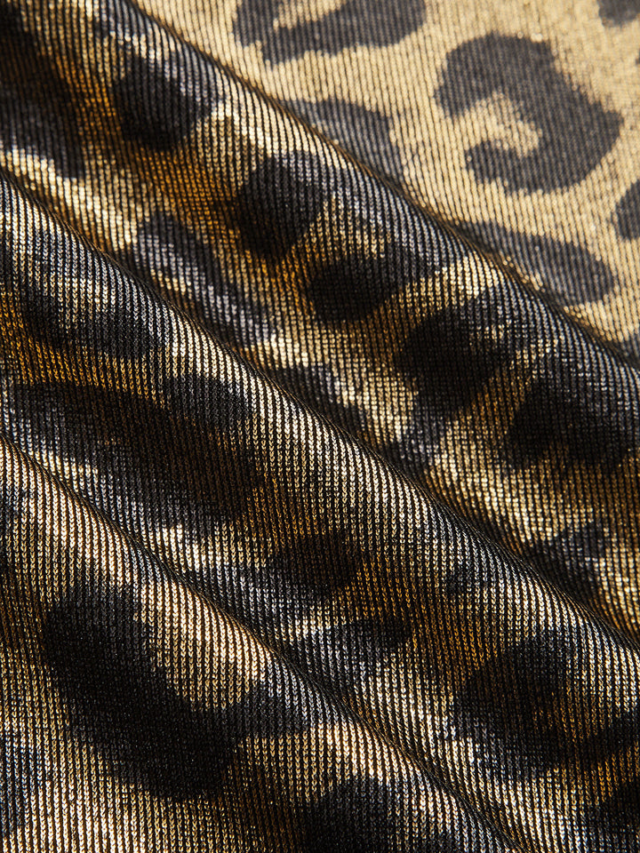 Shiny Leopard Cowl Neck Long Sleeve Top