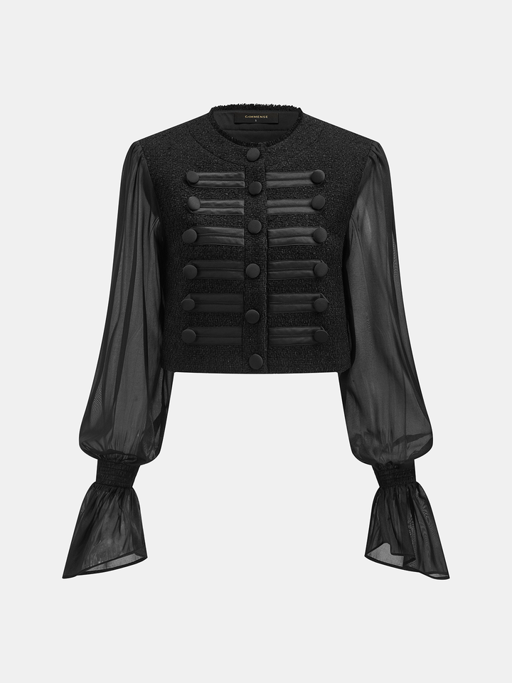 Sheer Sleeve Napoleon Wool Blend Cropped Jacket