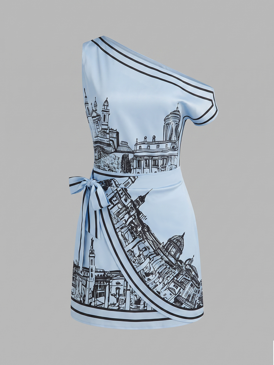 One Shoulder Tie Waist Printed Mini Dress