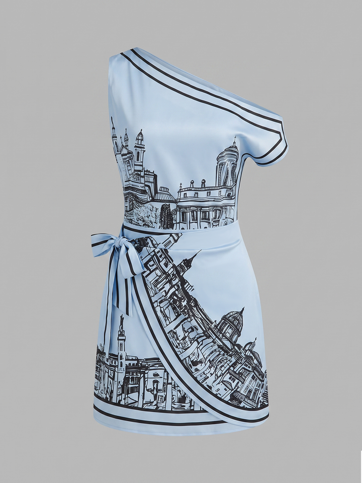 One Shoulder Tie Waist Printed Mini Dress