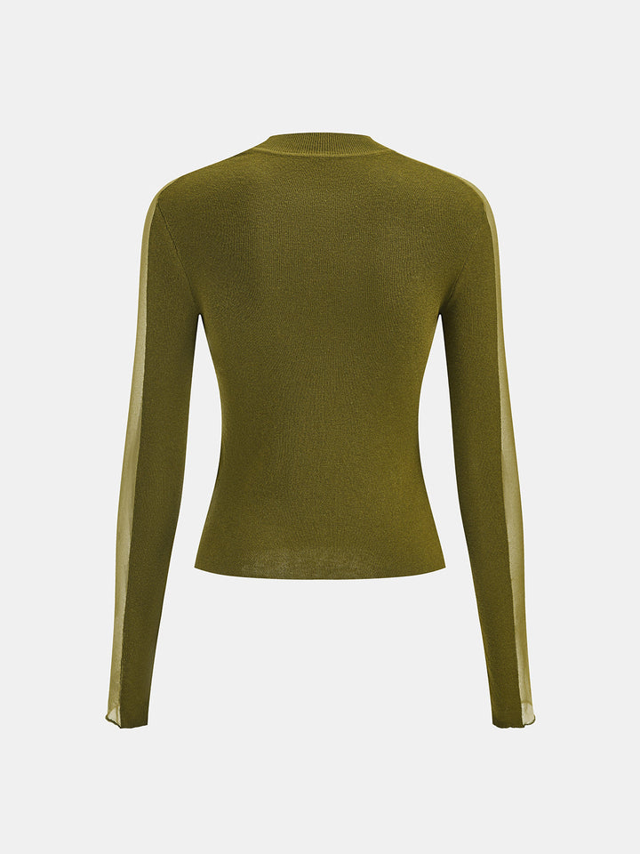 Mock Neck Sheer Panel Slim Knit Top