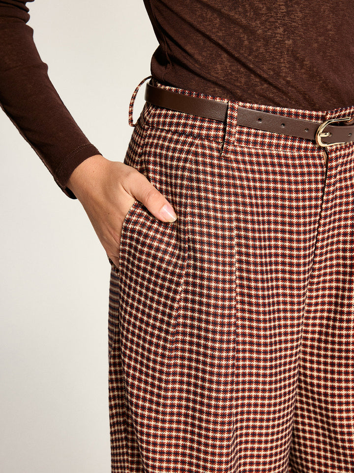 Belted Pleated Check Wide Leg Pants
