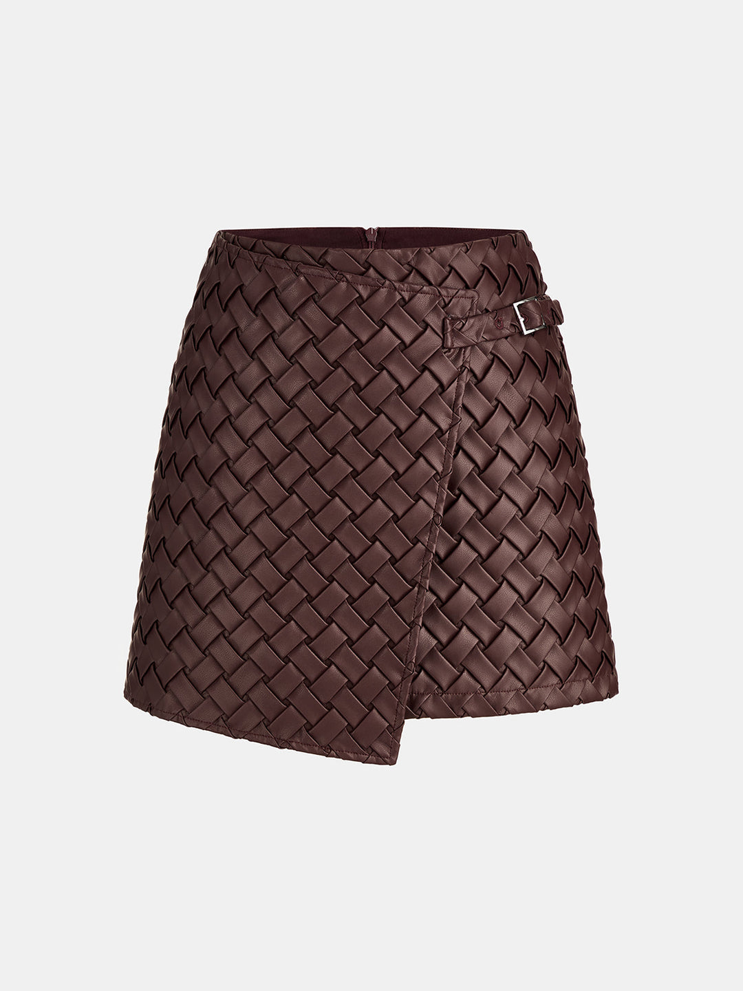 Woven Faux Leather Wrap Buckle Mini Skirt