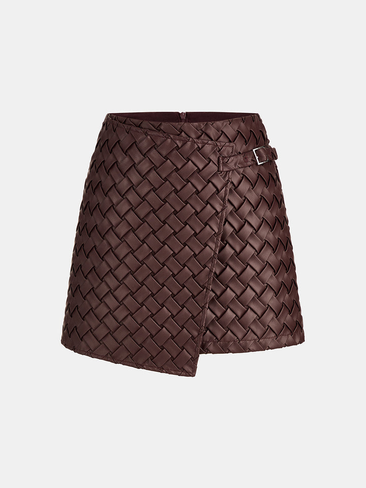 Woven Faux Leather Wrap Buckle Mini Skirt