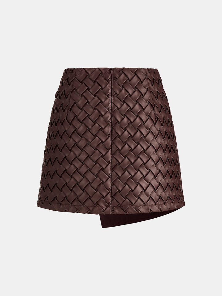Woven Faux Leather Wrap Buckle Mini Skirt