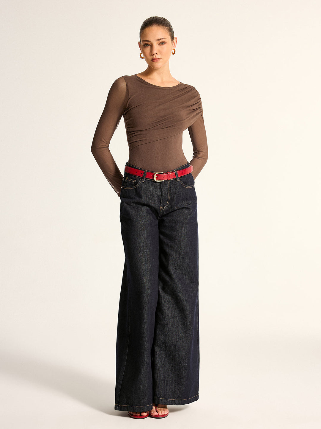 Draped Mesh Sleeve Slim Bodysuit