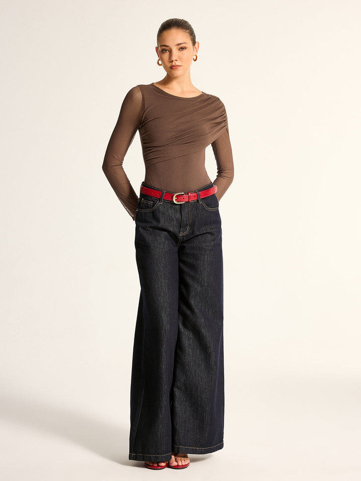 Draped Mesh Sleeve Slim Bodysuit