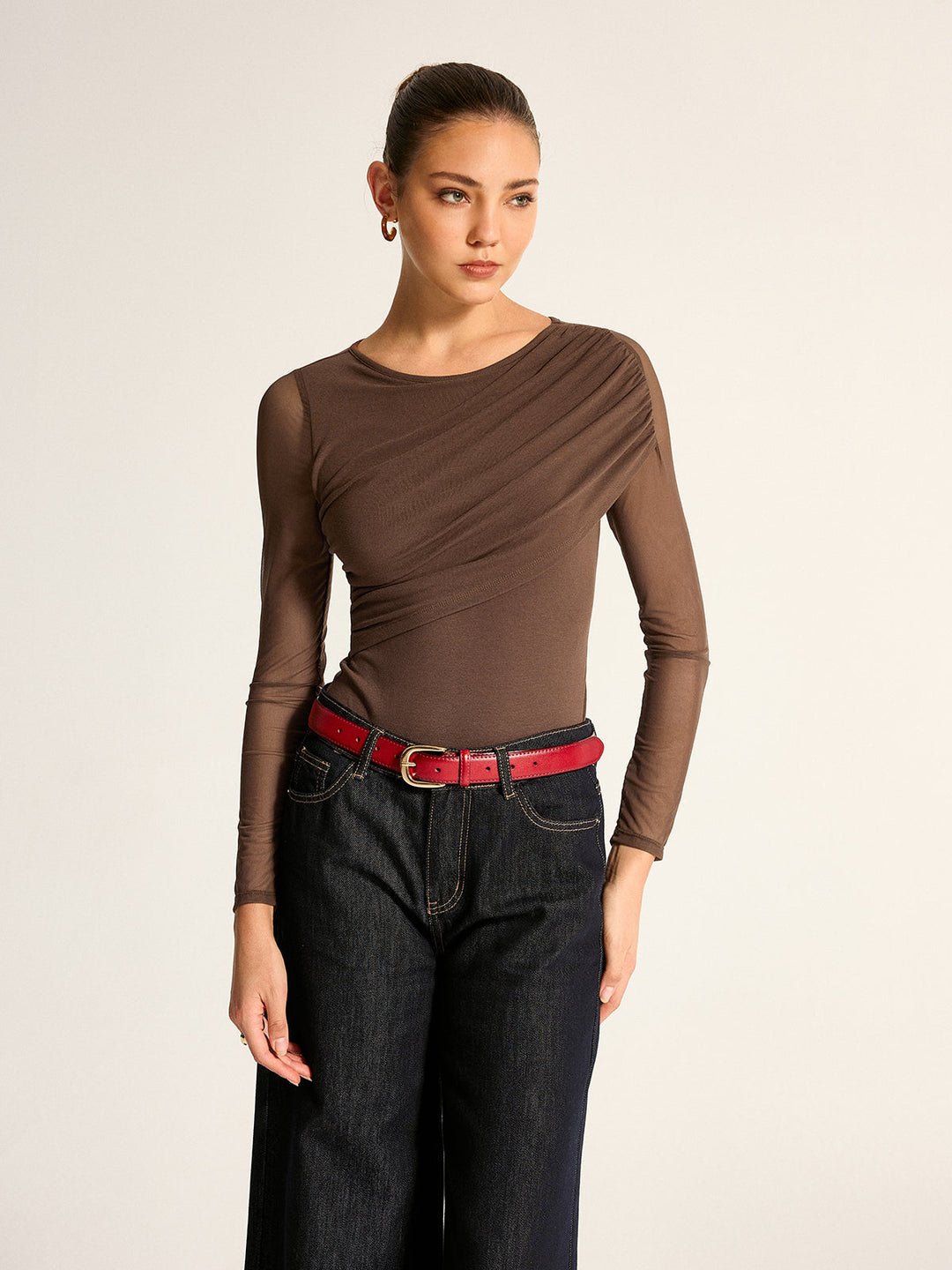 Draped Mesh Sleeve Slim Bodysuit