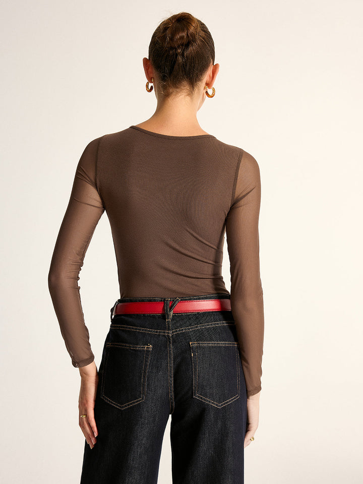 Draped Mesh Sleeve Slim Bodysuit
