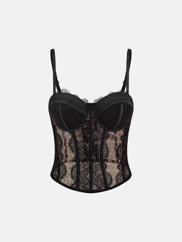 Leopard Mesh Lace Boned Corset Cami Top