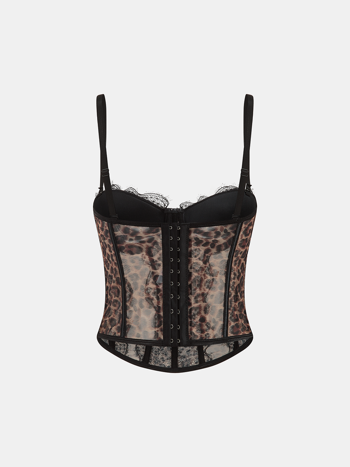 Leopard Mesh Lace Boned Corset Cami Top
