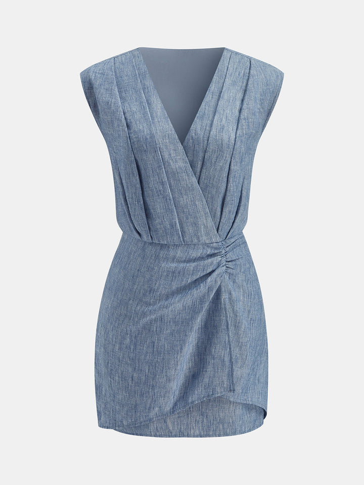 Wrap V Neck Pleated Mini Dress