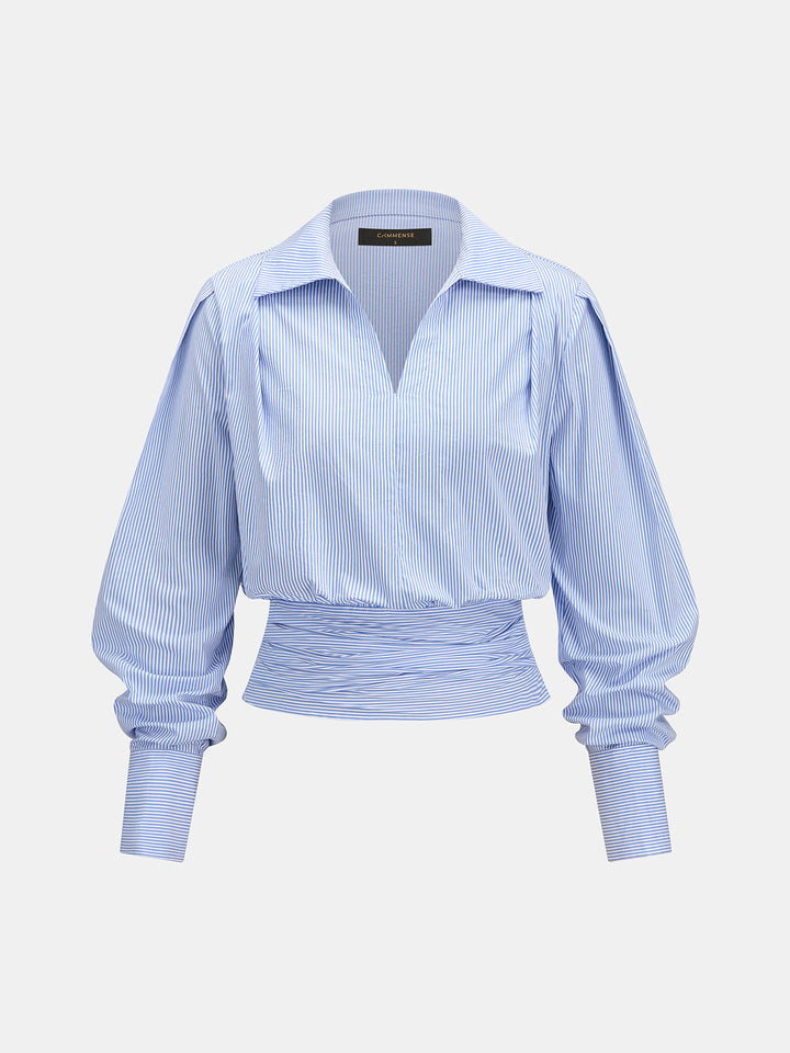 Striped Collared Ruched Waist Blouse