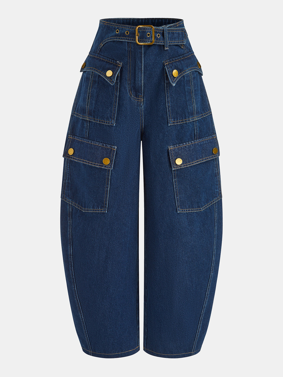 Belted Multi‑Pocket Barrel Cargo Jeans