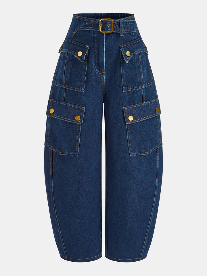Belted Multi‑Pocket Barrel Cargo Jeans